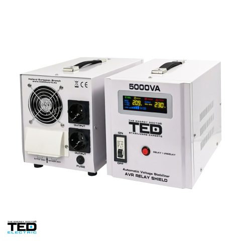 Stabilizator tensiune monofazat AVR cu relee seria RT TED Electric TED000187, 5000 VA / 3000 W, intrare 140-260 V, precizie +/-8-10%, 2 prize Schuko + bloc terminale, 285 x 190 x 202 mm [3]