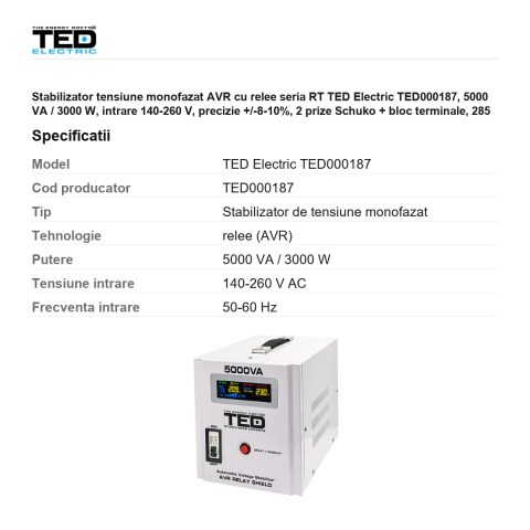 Stabilizator tensiune monofazat AVR cu relee seria RT TED Electric TED000187, 5000 VA / 3000 W, intrare 140-260 V, precizie +/-8-10%, 2 prize Schuko + bloc terminale, 285 x 190 x 202 mm [2]