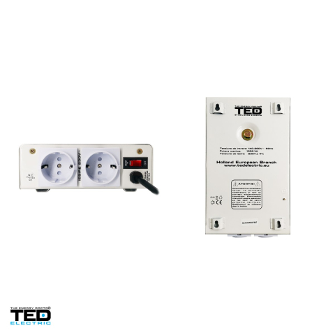 Stabilizator tensiune monofazat AVR cu relee TED Electric TED000057, 1000 VA / 600 W, iesire 230 V, intrare 150-270 V, precizie +/-4%, 2 prize Schuko, montaj pe perete, 175 x 72 x 300 mm [3]