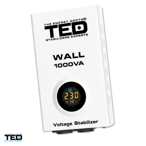 Stabilizator tensiune monofazat AVR cu relee TED Electric TED000057, 1000 VA / 600 W, iesire 230 V, intrare 150-270 V, precizie +/-4%, 2 prize Schuko, montaj pe perete, 175 x 72 x 300 mm [0]