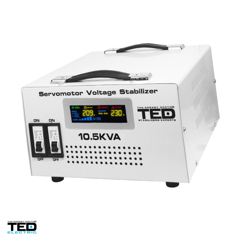 Stabilizatoare de tensiune - Stabilizator tensiune monofazat cu servomotor TED Electric TED 10.5KSVC (TED000033), 10,5 kVA / 6000 W, intrare 130-260 V, precizie +/-2%, 2 prize Schuko + bloc terminale, 338 x 302 x 210 mm