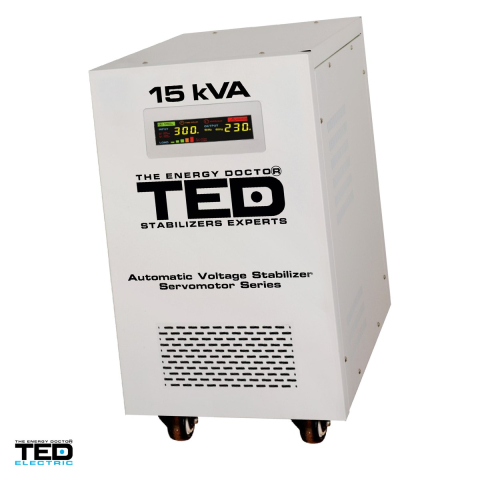 Stabilizatoare de tensiune - Stabilizator tensiune monofazat cu servomotor TED Electric TED 15KSVC (TED000095), 15 kVA / 12 kW, iesire 230 V, intrare 140-300 V, precizie +/-3%, bloc terminale, pe roti, 450 x 300 x 570 mm