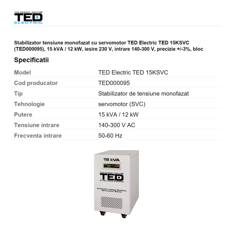 Stabilizator tensiune monofazat cu servomotor TED Electric TED 15KSVC (TED000095), 15 kVA / 12 kW, iesire 230 V, intrare 140-300 V, precizie +/-3%, bloc terminale, pe roti, 450 x 300 x 570 mm [2]