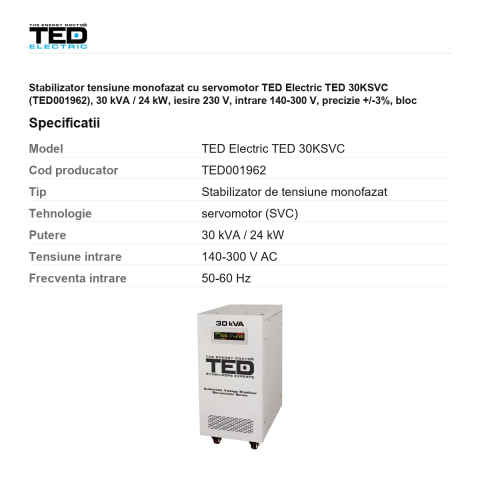 Stabilizator tensiune monofazat cu servomotor TED Electric TED 30KSVC (TED001962), 30 kVA / 24 kW, iesire 230 V, intrare 140-300 V, precizie +/-3%, bloc terminale, pe roti, 480 x 300 x 640 mm [2]