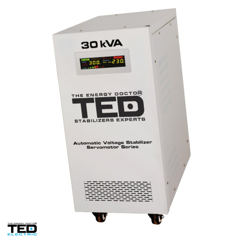 Stabilizator tensiune monofazat cu servomotor TED Electric TED 30KSVC (TED001962), 30 kVA / 24 kW, iesire 230 V, intrare 140-300 V, precizie +/-3%, bloc terminale, pe roti, 480 x 300 x 640 mm [0]