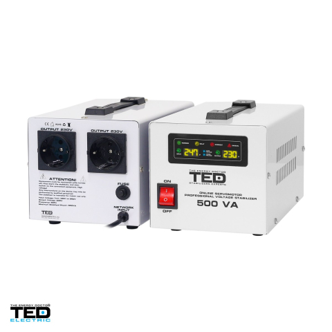 Stabilizator tensiune monofazat cu servomotor TED Electric TED 500SVC (TED004680), 500 VA / 300 W, iesire 230 V, intrare 130-260 V, precizie +/-3%, 2 prize Schuko, afisaj LCD, 228 x 147 x 130 mm [3]