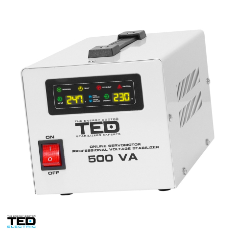 Energy - Stabilizator tensiune monofazat cu servomotor TED Electric TED 500SVC (TED004680), 500 VA / 300 W, iesire 230 V, intrare 130-260 V, precizie +/-3%, 2 prize Schuko, afisaj LCD, 228 x 147 x 130 mm
