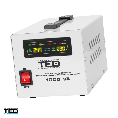 Energy - Stabilizator tensiune monofazat cu servomotor TED Electric TED1000SVC (TED004697), 1000 VA / 600 W, iesire 230 V, intrare 130-260 V, precizie +/-3%, 2 prize Schuko, afisaj LCD, 228 x 147 x 130 mm