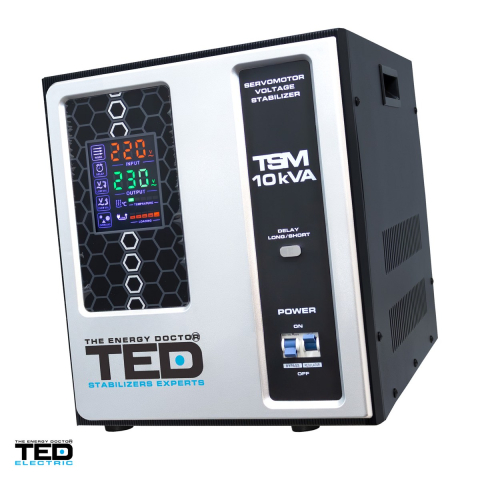Stabilizatoare de tensiune - Stabilizator tensiune monofazat cu servomotor TED Electric TSM-10kVA (TED007476), 10 kVA / 8000 W, intrare 140-260 V, precizie +/-3%, 1 priza Schuko + bloc terminale, 287 x 375 x 340 mm