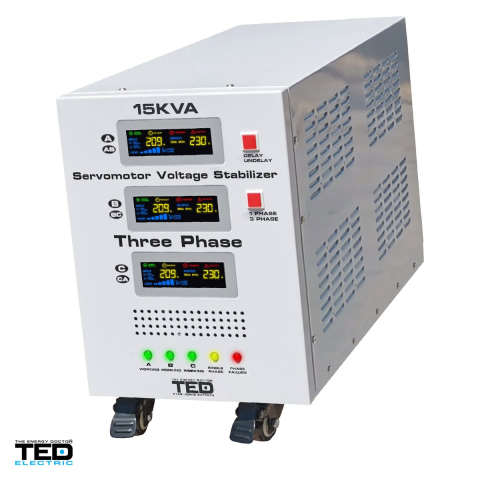 Stabilizatoare de tensiune - Stabilizator tensiune trifazat cu servomotor TED Electric TED 15K3SVC (TED000101), 15 kVA / 12 kW, iesire 400 V, intrare 225-450 V, precizie 1-3%, bloc terminale, pe roti, 545 x 230 x 430 mm