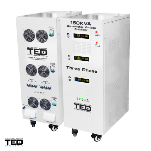 Stabilizator tensiune trifazat cu servomotor TED Electric TED150KSVC (TED003591), 150 kVA / 106 kW, iesire 400 V, intrare 242-520 V, precizie 1-3%, bloc terminale, pe roti, 955 x 700 x 1155 mm [3]