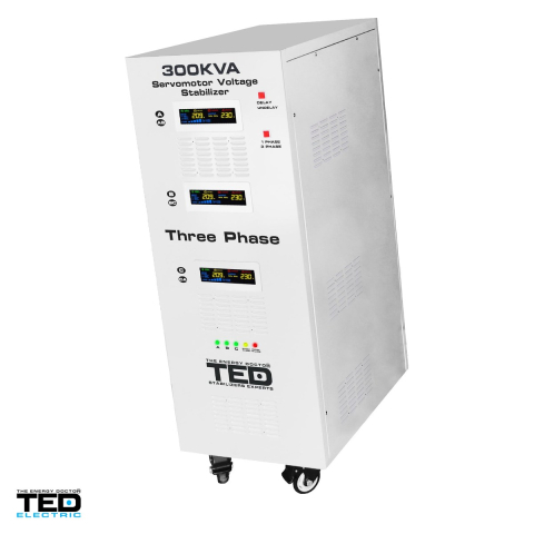Stabilizator tensiune trifazat cu servomotor TED Electric TED300KSVC (TED007469), 300 kVA / 180 kW, iesire 400 V, intrare 242-520 V, precizie 1-3%, bloc terminale, pe roti, 1540 x 750 x 1150 mm [0]