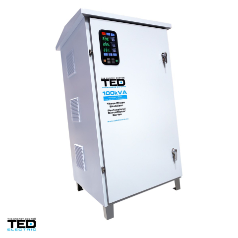 Stabilizator tensiune trifazat cu servomotor TED Electric TNS-100kVA (TED007520), 100 kVA / 80 kW, intrare 242-520 V, precizie +/-3%, bloc terminale, carcasa IP65 de exterior, pe roti [0]