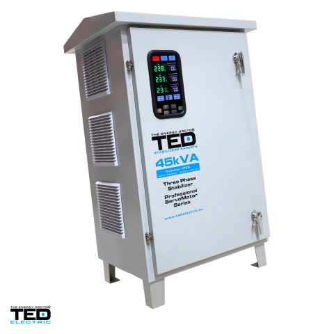Stabilizatoare de tensiune - Stabilizator tensiune trifazat cu servomotor TED Electric TNS-45kVA (TED007483), 45 kVA / 36 kW, intrare 242-520 V, precizie +/-3%, bloc terminale, carcasa IP65 de exterior, pe roti