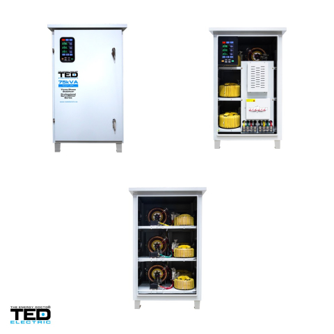 Stabilizator tensiune trifazat cu servomotor TED Electric TNS-75kVA (TED007506), 75 kVA / 60 kW, intrare 242-520 V, precizie +/-3%, bloc terminale, carcasa IP65 de exterior, pe roti [3]