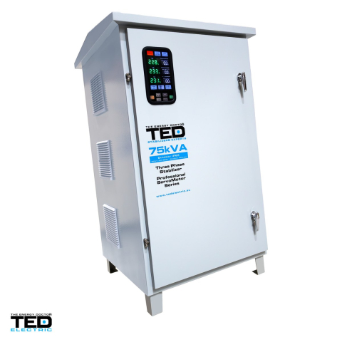 Stabilizator tensiune trifazat cu servomotor TED Electric TNS-75kVA (TED007506), 75 kVA / 60 kW, intrare 242-520 V, precizie +/-3%, bloc terminale, carcasa IP65 de exterior, pe roti [0]