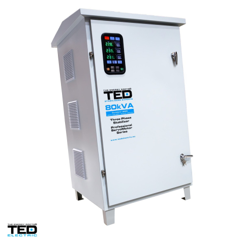 Energy - Stabilizator tensiune trifazat cu servomotor TED Electric TNS-80kVA (TED007513), 80 kVA / 64 kW, intrare 242-520 V, precizie +/-3%, bloc terminale, carcasa IP65 de exterior, pe roti