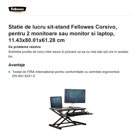 Statie de lucru sit-stand Fellowes Corsivo, pentru 2 monitoare sau monitor si laptop, 11.43x80.01x61.28 cm [1]