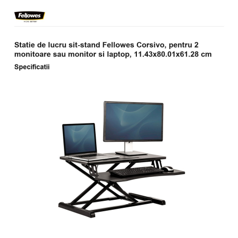 Statie de lucru sit-stand Fellowes Corsivo, pentru 2 monitoare sau monitor si laptop, 11.43x80.01x61.28 cm [2]