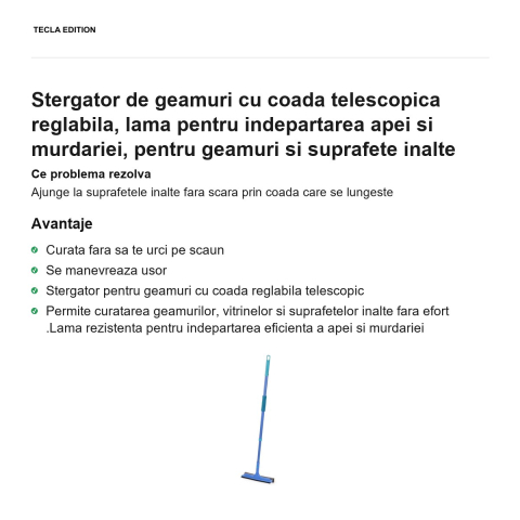 Stergator de geamuri cu coada telescopica reglabila, lama pentru indepartarea apei si murdariei, pentru geamuri si suprafete inalte [1]