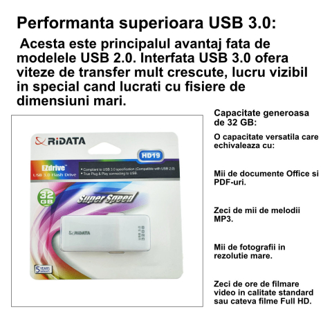 Stick USB 3.0 RiDATA, 32 GB, Transfer Rapid, Fisiere Mari, Backup, Conector Retractabil Alb [2]