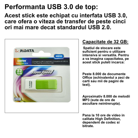 Stick USB 3.0 RiDATA, 32 GB, Transfer Viteza Mare, Stocare Multimedia, Conector Retractabil Verde [2]
