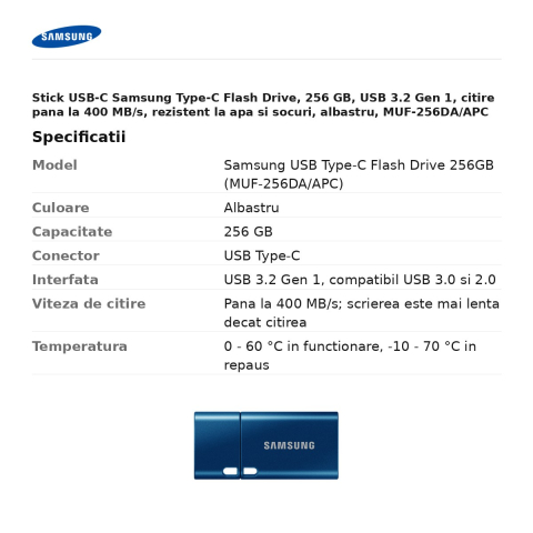 Stick USB-C Samsung Type-C Flash Drive, 256 GB, USB 3.2 Gen 1, citire pana la 400 MB/s, rezistent la apa si socuri, albastru, MUF-256DA/APC [2]