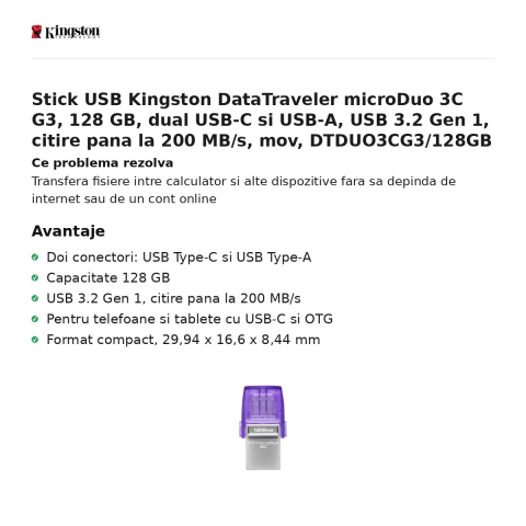 Stick USB Kingston DataTraveler microDuo 3C G3, 128 GB, dual USB-C si USB-A, USB 3.2 Gen 1, citire pana la 200 MB/s, mov, DTDUO3CG3/128GB [1]