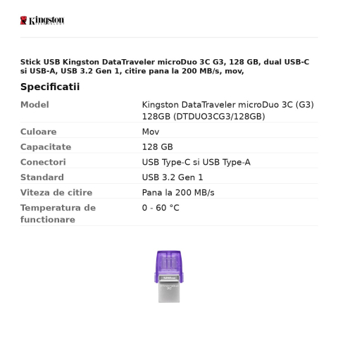 Stick USB Kingston DataTraveler microDuo 3C G3, 128 GB, dual USB-C si USB-A, USB 3.2 Gen 1, citire pana la 200 MB/s, mov, DTDUO3CG3/128GB [2]