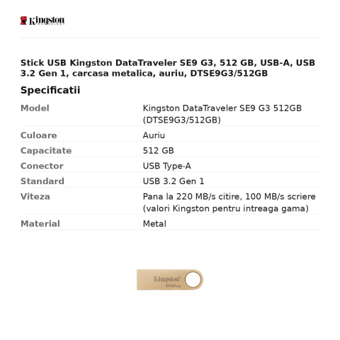 Stick USB Kingston DataTraveler SE9 G3, 512 GB, USB-A, USB 3.2 Gen 1, carcasa metalica, auriu, DTSE9G3/512GB [2]