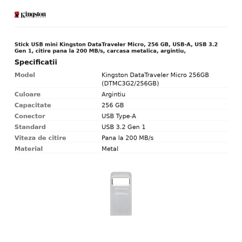 Stick USB mini Kingston DataTraveler Micro, 256 GB, USB-A, USB 3.2 Gen 1, citire pana la 200 MB/s, carcasa metalica, argintiu, DTMC3G2/256GB [2]