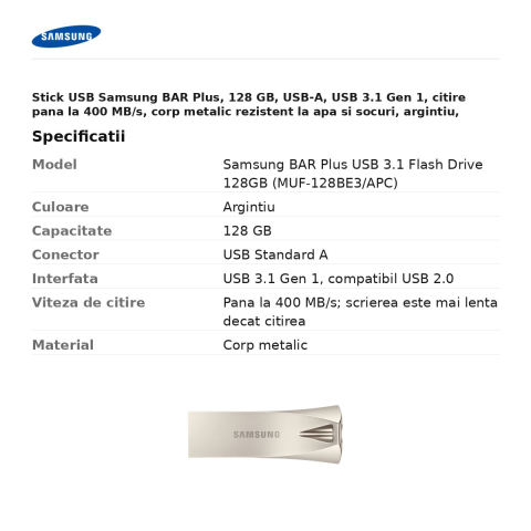Stick USB Samsung BAR Plus, 128 GB, USB-A, USB 3.1 Gen 1, citire pana la 400 MB/s, corp metalic rezistent la apa si socuri, argintiu, MUF-128BE3/APC [2]