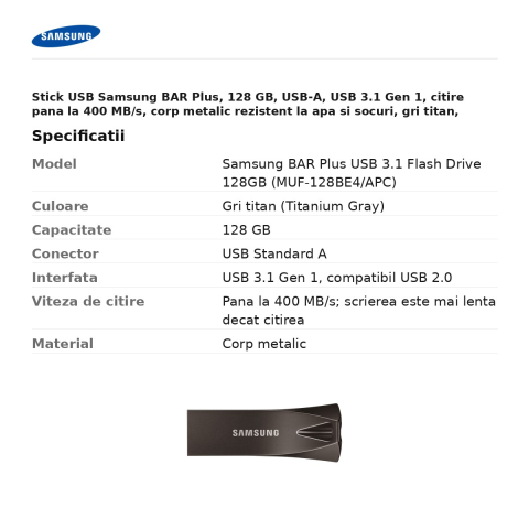 Stick USB Samsung BAR Plus, 128 GB, USB-A, USB 3.1 Gen 1, citire pana la 400 MB/s, corp metalic rezistent la apa si socuri, gri titan, MUF-128BE4/APC [2]