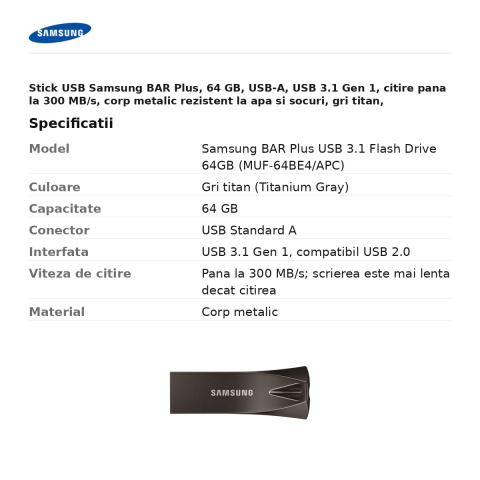 Stick USB Samsung BAR Plus, 64 GB, USB-A, USB 3.1 Gen 1, citire pana la 300 MB/s, corp metalic rezistent la apa si socuri, gri titan, MUF-64BE4/APC [2]
