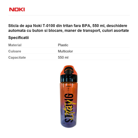 Sticla de apa Noki T-0100 din tritan fara BPA, 550 ml, deschidere automata cu buton si blocare, maner de transport, culori asortate [2]