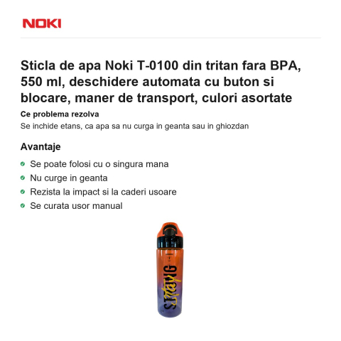 Sticla de apa Noki T-0100 din tritan fara BPA, 550 ml, deschidere automata cu buton si blocare, maner de transport, culori asortate [1]