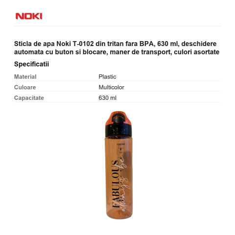 Sticla de apa Noki T-0102 din tritan fara BPA, 630 ml, deschidere automata cu buton si blocare, maner de transport, culori asortate [2]