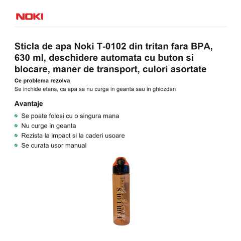 Sticla de apa Noki T-0102 din tritan fara BPA, 630 ml, deschidere automata cu buton si blocare, maner de transport, culori asortate [1]