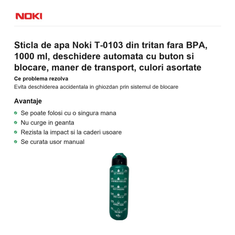 Sticla de apa Noki T-0103 din tritan fara BPA, 1000 ml, deschidere automata cu buton si blocare, maner de transport, culori asortate [1]
