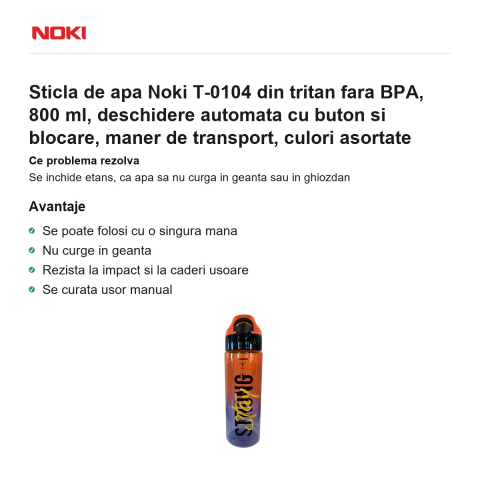 Sticla de apa Noki T-0104 din tritan fara BPA, 800 ml, deschidere automata cu buton si blocare, maner de transport, culori asortate [1]
