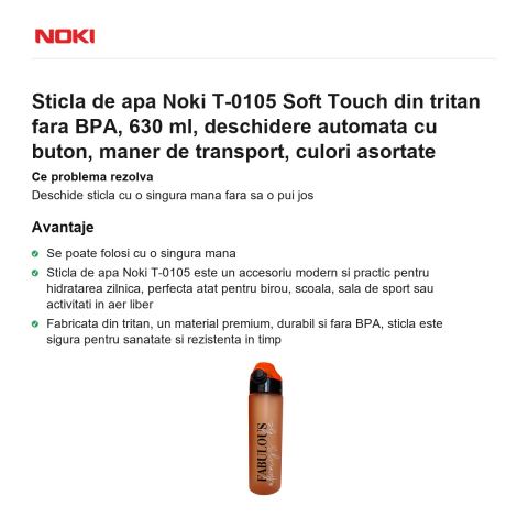 Sticla de apa Noki T-0105 Soft Touch din tritan fara BPA, 630 ml, deschidere automata cu buton, maner de transport, culori asortate [1]