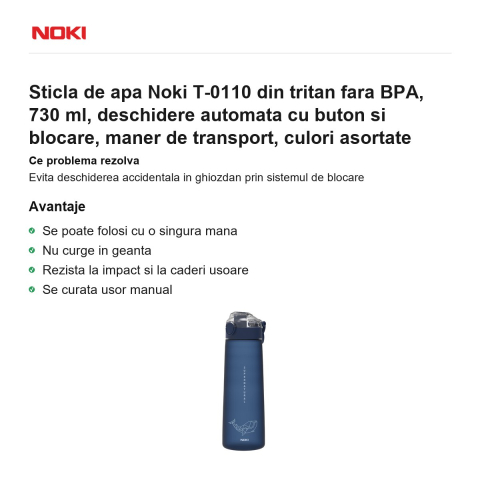 Sticla de apa Noki T-0110 din tritan fara BPA, 730 ml, deschidere automata cu buton si blocare, maner de transport, culori asortate [1]