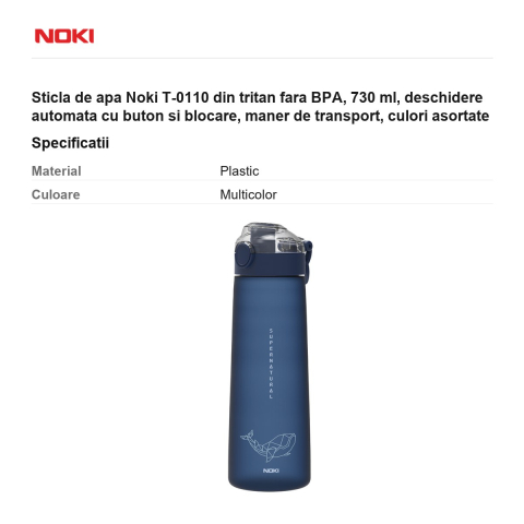 Sticla de apa Noki T-0110 din tritan fara BPA, 730 ml, deschidere automata cu buton si blocare, maner de transport, culori asortate [2]