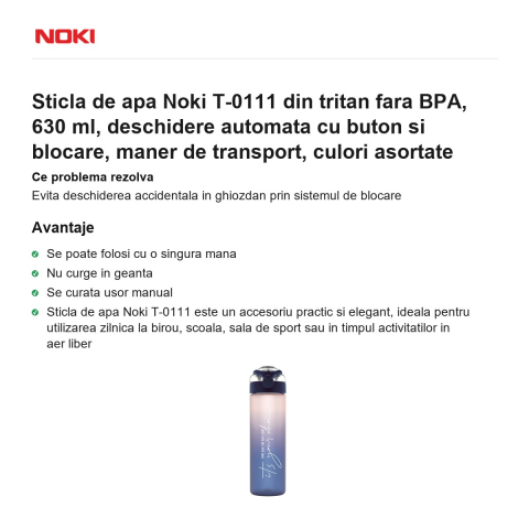 Sticla de apa Noki T-0111 din tritan fara BPA, 630 ml, deschidere automata cu buton si blocare, maner de transport, culori asortate [1]