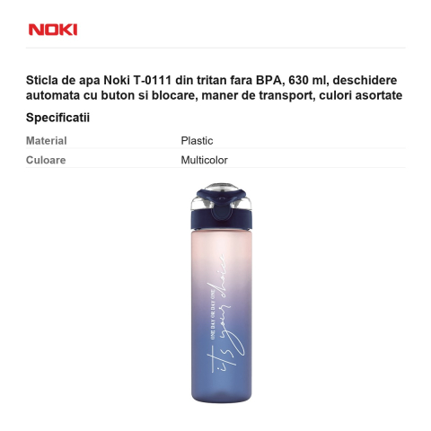 Sticla de apa Noki T-0111 din tritan fara BPA, 630 ml, deschidere automata cu buton si blocare, maner de transport, culori asortate [2]