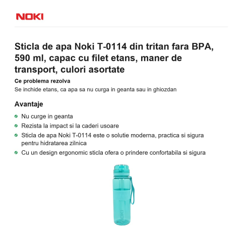 Sticla de apa Noki T-0114 din tritan fara BPA, 590 ml, capac cu filet etans, maner de transport, culori asortate [1]