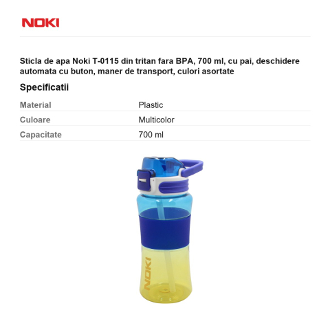 Sticla de apa Noki T-0115 din tritan fara BPA, 700 ml, cu pai, deschidere automata cu buton, maner de transport, culori asortate [2]