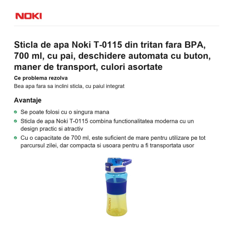Sticla de apa Noki T-0115 din tritan fara BPA, 700 ml, cu pai, deschidere automata cu buton, maner de transport, culori asortate [1]