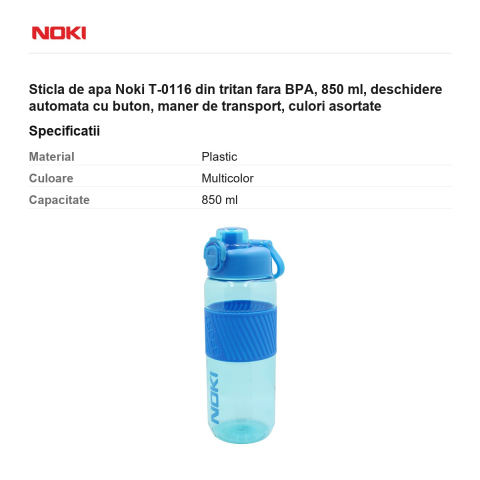 Sticla de apa Noki T-0116 din tritan fara BPA, 850 ml, deschidere automata cu buton, maner de transport, culori asortate [2]