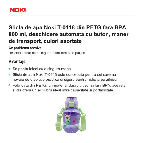 Sticla de apa Noki T-0118 din PETG fara BPA, 800 ml, deschidere automata cu buton, maner de transport, culori asortate [1]